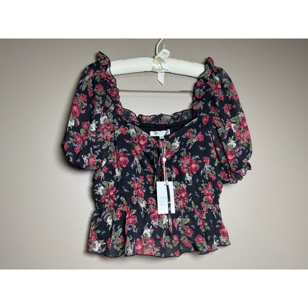 Bellevue The Label Paris Midi Top Floral Sweetheart Cropped Blouse Black Size M